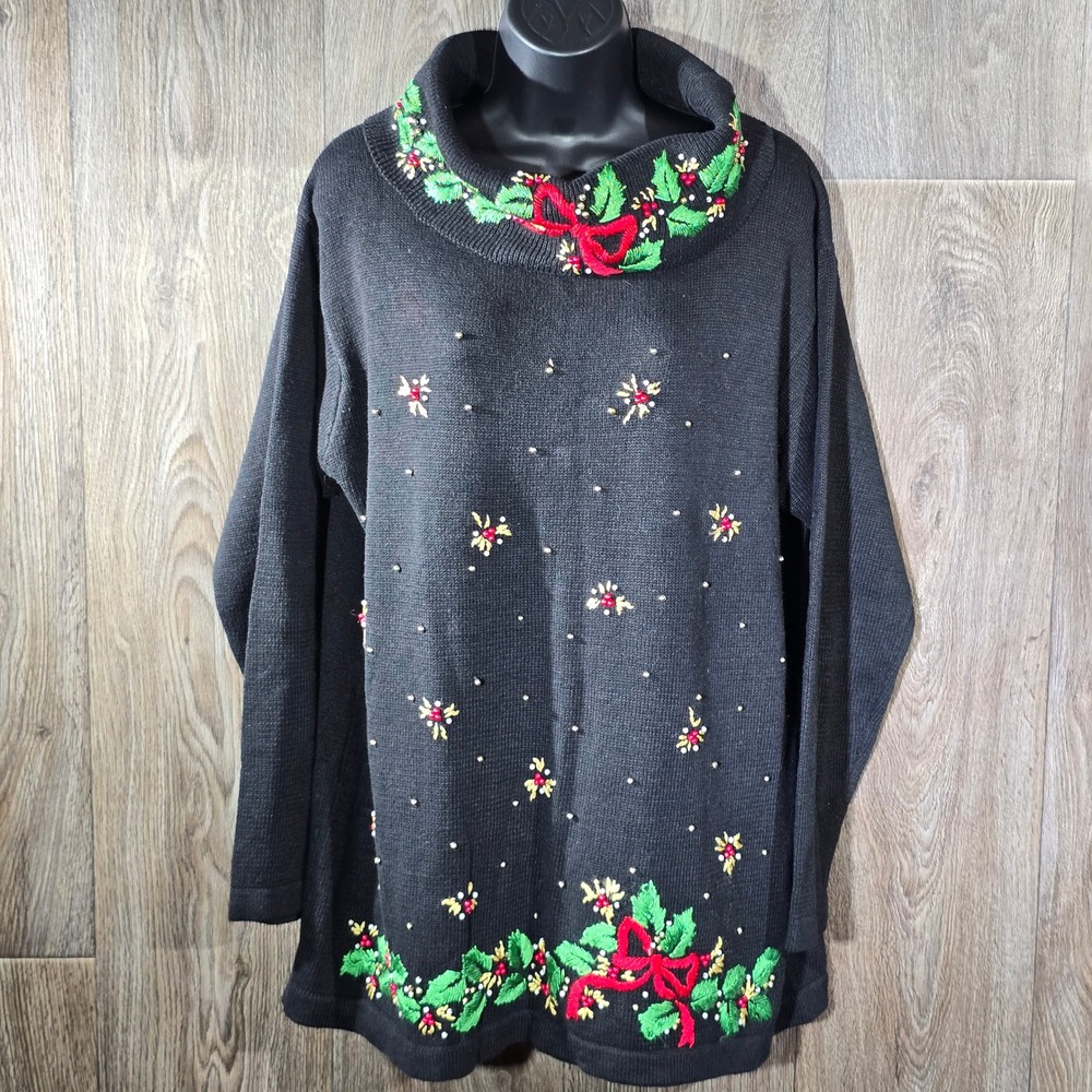 VTG Victoria Jones Christmas‎ Sweater Womens XL Black Holiday Embroidered Beaded